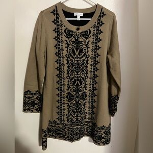 SUSAN GRAVER Knit Cardigan Sweater with Mandala Pattern Tan Black Women's Size L